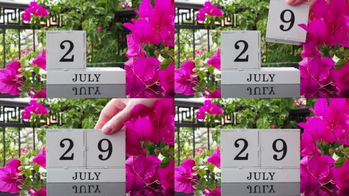 一个木制日历，有一个重要的活动，7月29日在一张有芙蓉花的桌子上，女人的手在日历上设定了日期。将日历