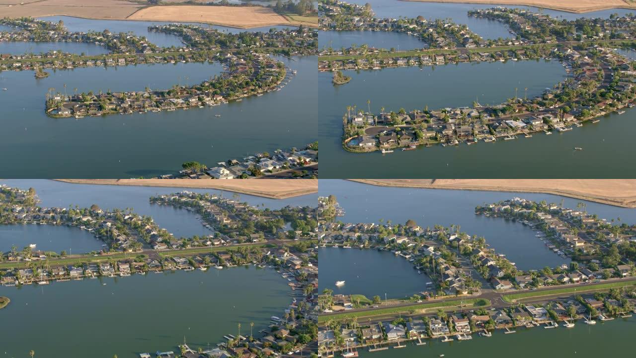 在加利福尼亚州旧金山附近的水上房屋附近进行空中飞行