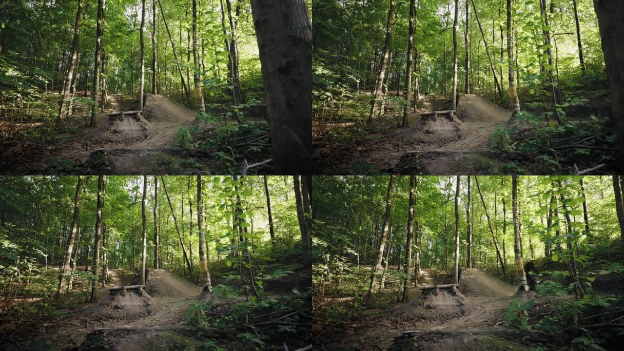 Zoom camera是在阳光明媚的森林中拍摄的电影，一名骑山地自行车的专业极限自行车手在森林中加速