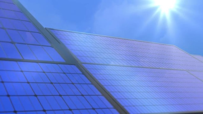 在沙漠清洁能源概念的背景下，太阳能电池板的4k 3D动画，