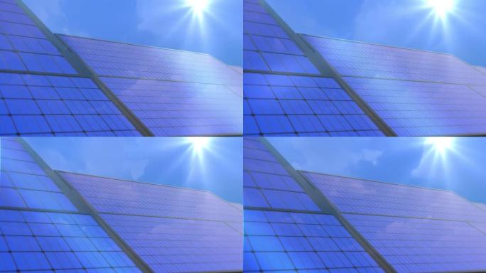在沙漠清洁能源概念的背景下，太阳能电池板的4k 3D动画，
