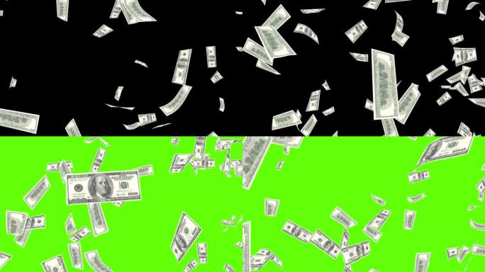 4k循环省钱和经济概念。3D动画。下跌的美元纸币。