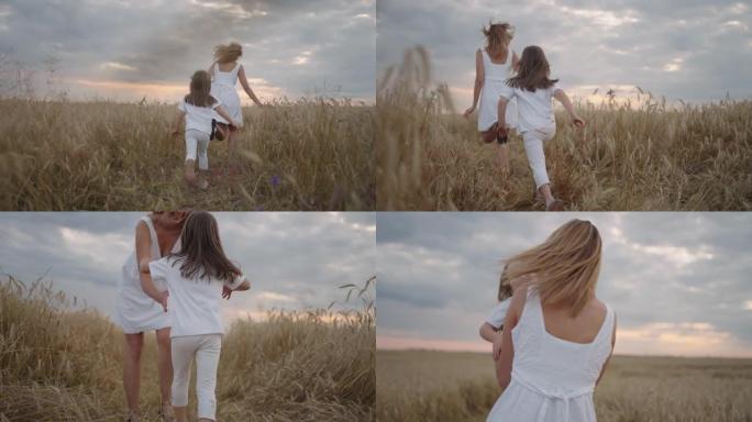 女儿和母亲的梦想在日落时一起在麦田里奔跑。麦田概念中的幸福家庭人。妈妈和女孩玩追赶跑。在绿色草地上奔