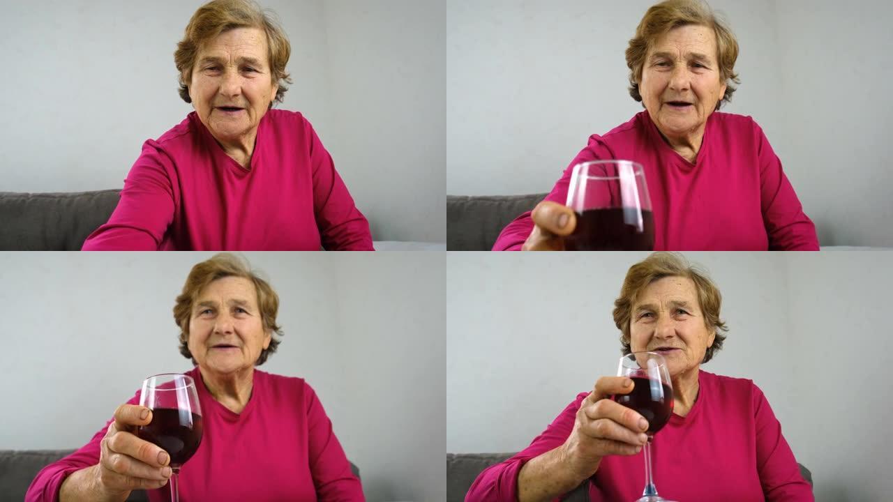 一个老妇人喝节日酒。选择性聚焦。人。