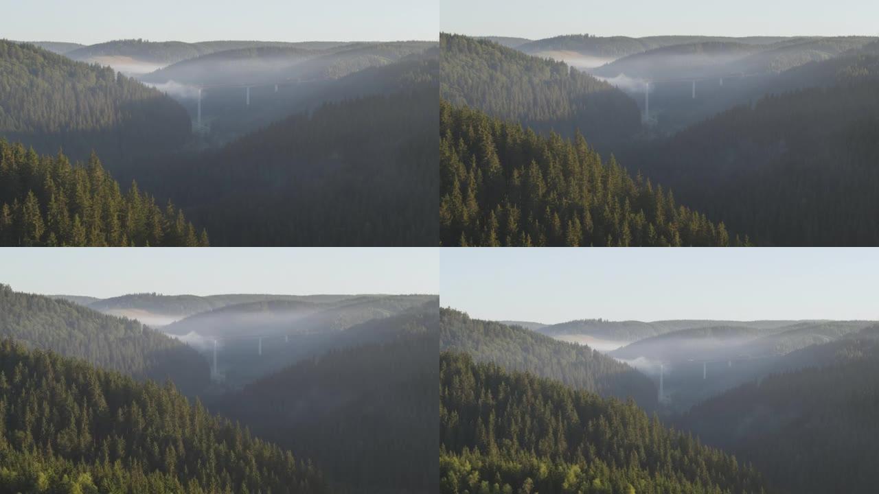 空中无人机拍摄了一座横跨森林山谷的大型桥梁