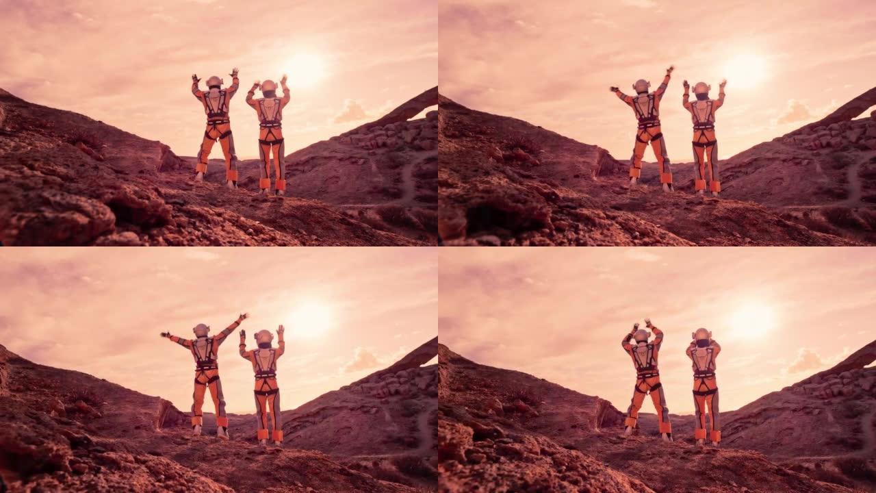 红色星球火星上的两名宇航员挥手求救