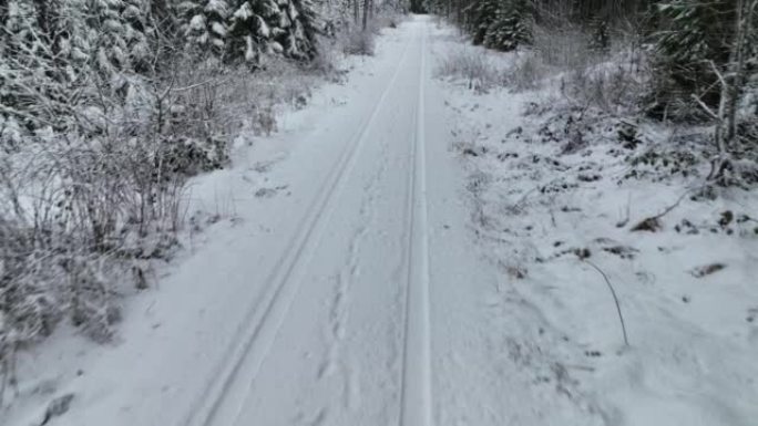 空中无人机拍摄了一名妇女在树林中沿雪道行走的镜头