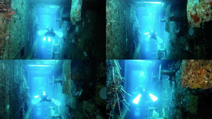 探索红海著名潜水点的潜水员。由被珊瑚礁和热带鱼包围的塞勒姆快车沉船移动