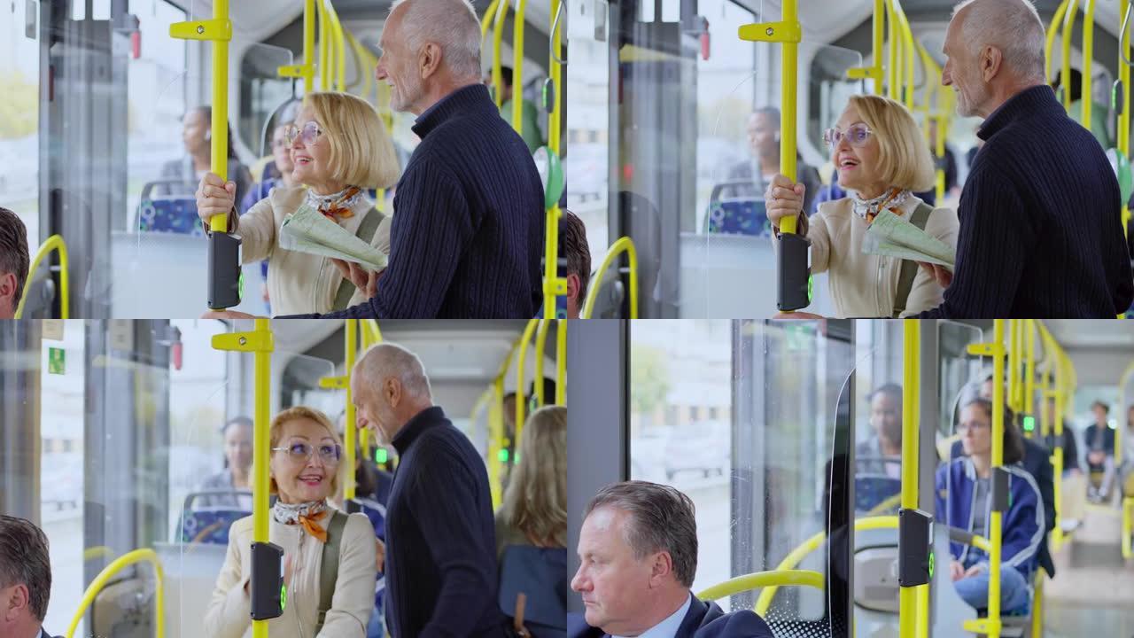 高级夫妇在观光和在公共汽车站下车时乘坐公共汽车