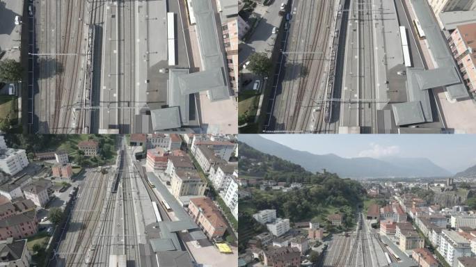 空中无人机拍摄了山区市中心的火车停靠站