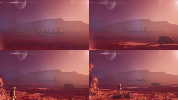 宇航员步行到火星上的太空基地动画