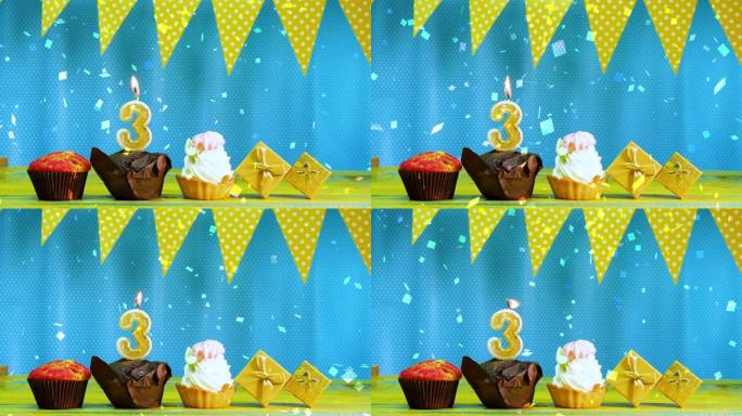 3号生日快乐视频卡。美丽的背景祝贺你的生日，有一个松饼派和一个蓝色和黄色色调的蛋糕和蜡烛。复制空间