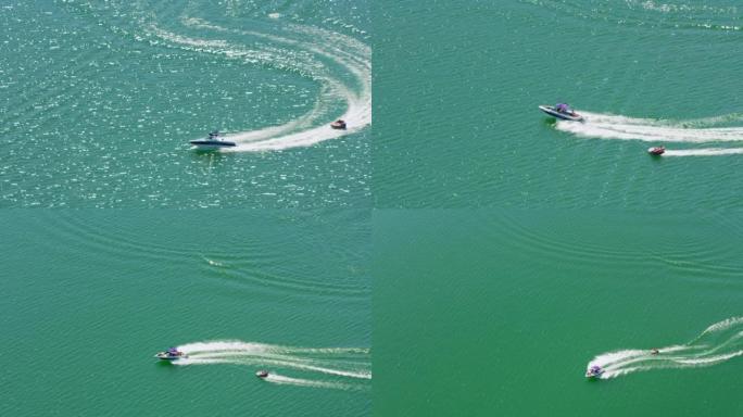 在加利福尼亚州奥罗维尔湖上乘船游览的空中人士