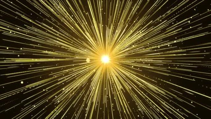 3D 4k抽象爆炸金灯闪烁光速线。发光的光会爆炸。节日金色运动循环背景。