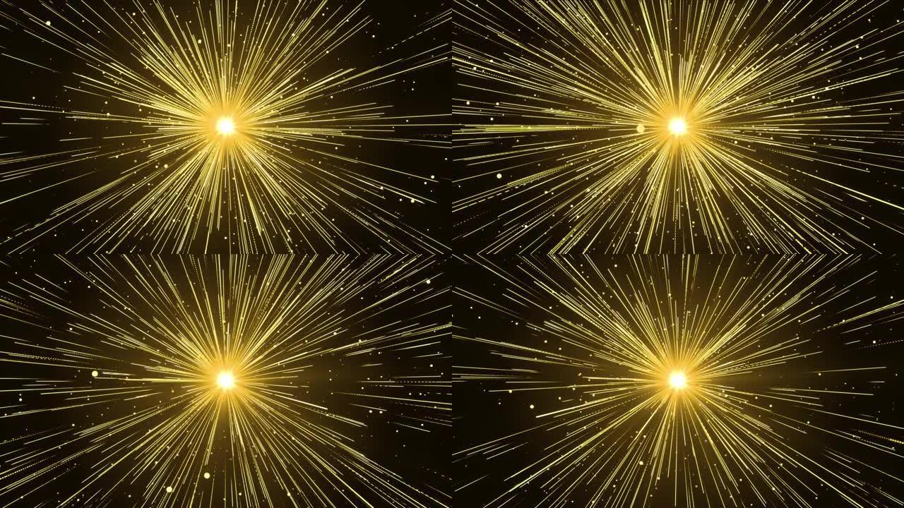 3D 4k抽象爆炸金灯闪烁光速线。发光的光会爆炸。节日金色运动循环背景。