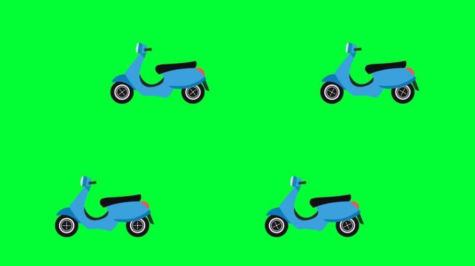 Scooty在绿色屏幕上行驶。卡通空摩托车和女孩踏板车。骑卡通玩具滑车。快递摩托车。