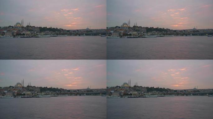 日落天空伊斯坦布尔城市湾慢动作全景4k土耳其