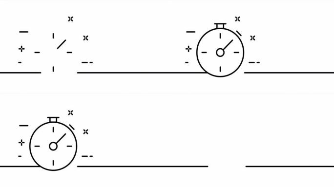 秒表。二手，跟踪时间，时间表，桌子，工作，比赛。时间管理理念。一个线条画动画。运动设计。动画技术标志