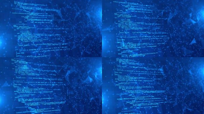 4k抽象技术蓝色背景。软件开发人员在计算机上编程代码。
