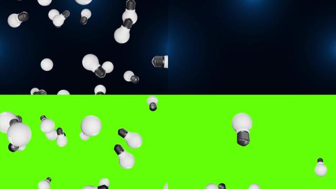 4K 3D节能灯泡落在绿屏背景或色键上。