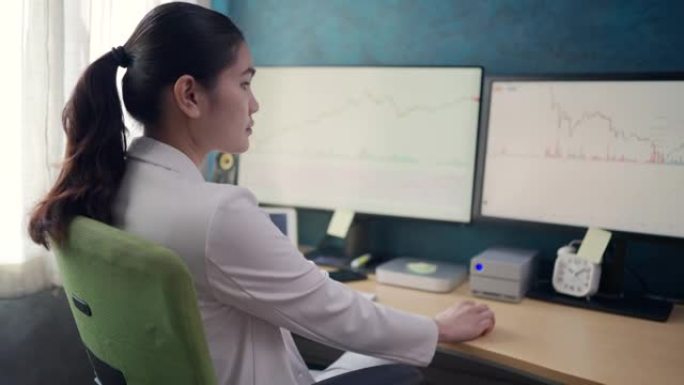 穿着白色西装的亚洲股票投资者在房子的卧室里查看电脑屏幕和平板电脑上的股票图表。