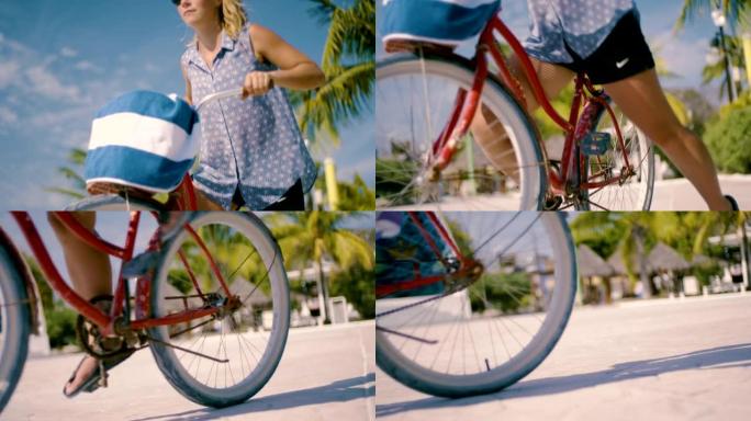 骑在沙滩上的自行车轮胎的细节照片