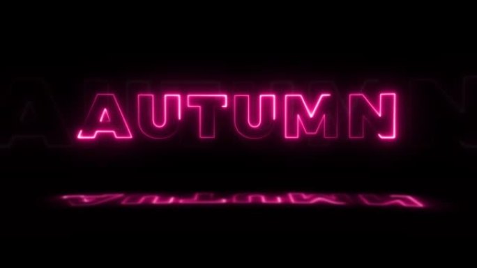 黑色背景上的霓虹灯发光单词 “autumn”，地板上有反射。无缝循环运动图形中的霓虹灯发光标志