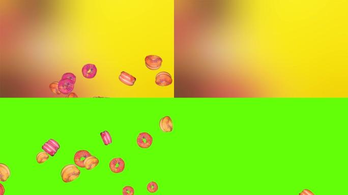3d 4k视频釉面甜甜圈运动设计下降甜点。美味小吃动画。