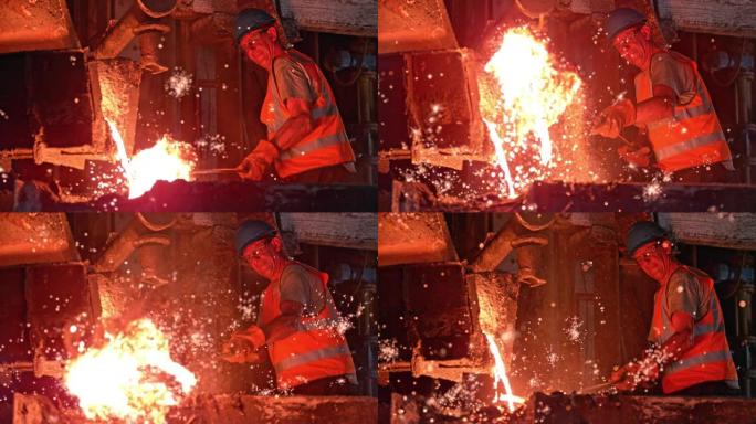 SLO MO LD钢铁工人从熔融金属中去除炉渣