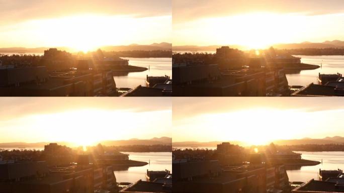 维多利亚港和遥远山丘的日落景色