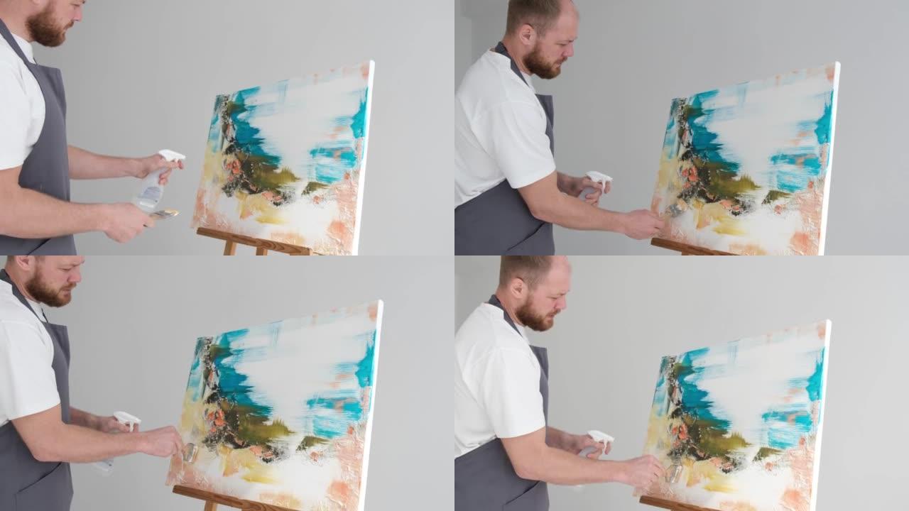 一个有才华的人站在画架前，描绘一幅抽象的图画。才华横溢的艺术家
