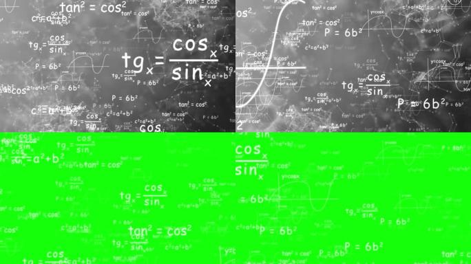 相机在黑色背景上飞过白色的数学公式。