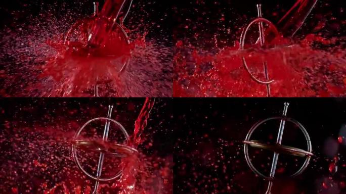 SLO MO LD红色的水倒在旋转陀螺仪上