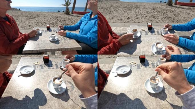 在海边咖啡馆享用咖啡的第一人称视角
