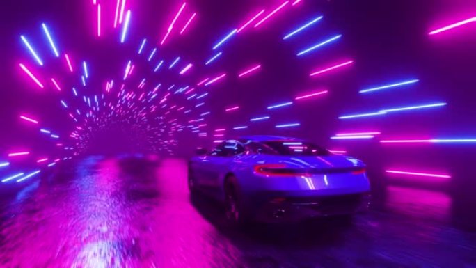 一辆跑车冲过霓虹灯隧道。无限循环动画。