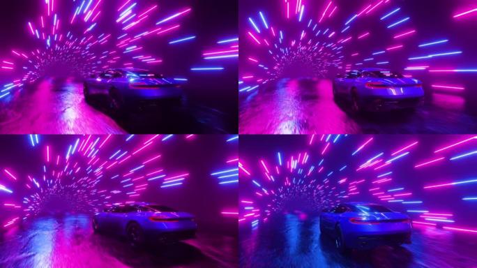 一辆跑车冲过霓虹灯隧道。无限循环动画。