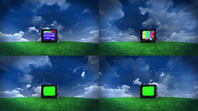 复古红色电视管动态闪烁噪音循环动画，毛刺效果绿色屏幕，