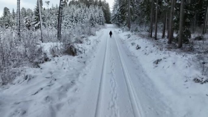 空中无人机拍摄了一名妇女在树林中沿雪道行走的镜头