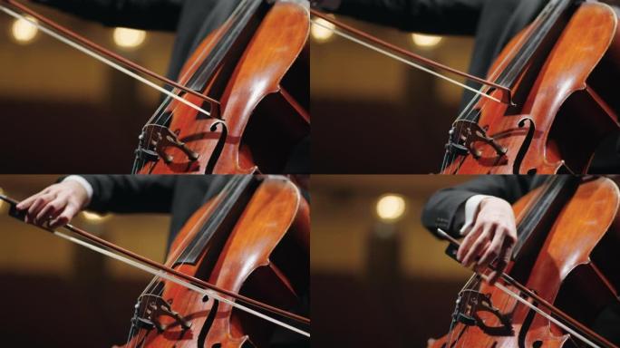 大提琴手正在演奏大提琴，弓弦特写镜头，经典音乐会或排练