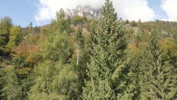 在高耸的山峰和山谷之间飞行的鸟瞰图