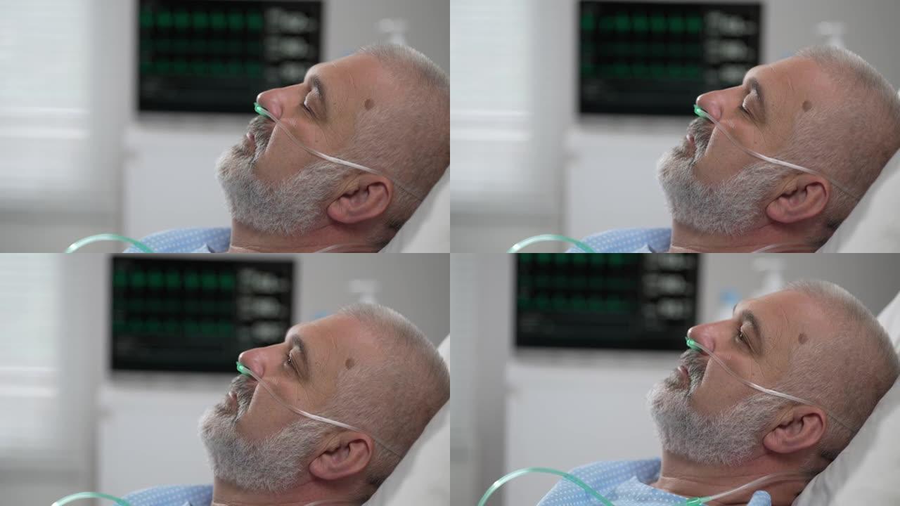 一位老人躺在医院的床上，昏迷不醒，睡着了。心电图机显示生命体征