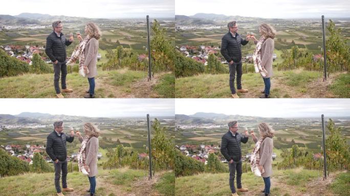 夫妇站在小山上，俯瞰着举杯酒的田野
