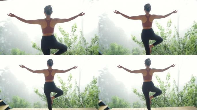 Meditation and yoga among the mountains covered in