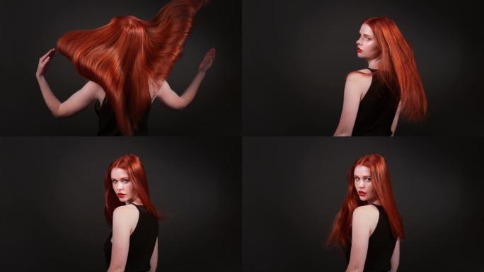迷人的红发女人翻转她长长的直发。特写闪亮的头发波浪