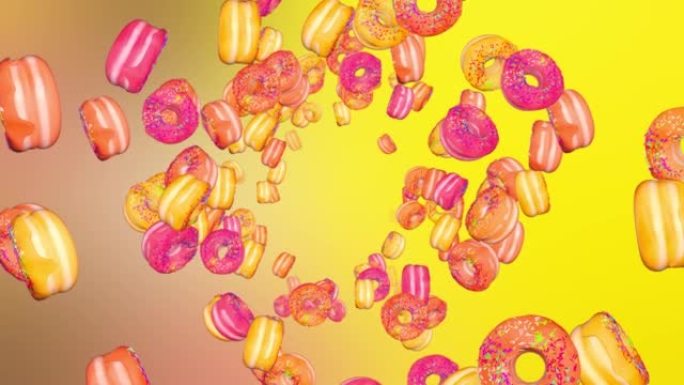 3d动画循环创意动物打印甜甜圈在黄色背景。快餐概念艺术。
