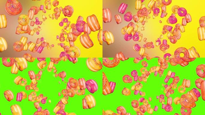 3d动画循环创意动物打印甜甜圈在黄色背景。快餐概念艺术。
