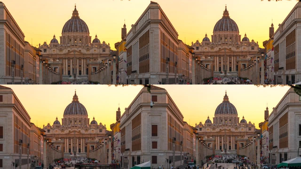 时间流逝的日落场景与人和交通道路前面的圣彼得大教堂在梵蒂冈城，罗马，意大利