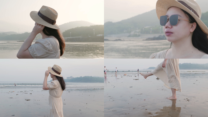 4K海边日落女孩休闲散步远看情绪镜头短片