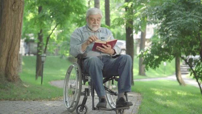 残疾老人坐在轮椅上看书。在阳光明媚的夏日，积极的高加索男性无效享受户外爱好的宽幅肖像。衰老和生活方式
