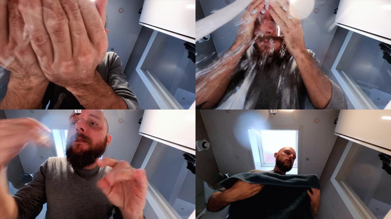 男人在POV中洗脸: 水槽视图